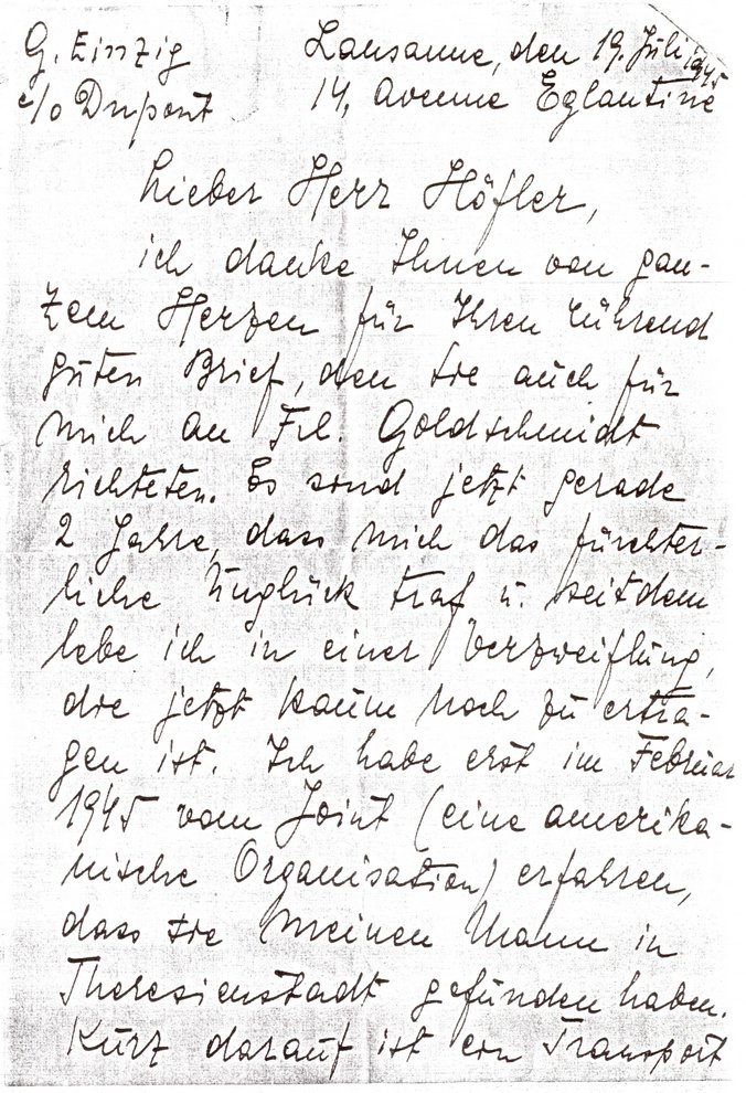 Fotografie: Brief von Genia Einzig an ihren Fluchthelfer Josef Höfler, Juli 1945