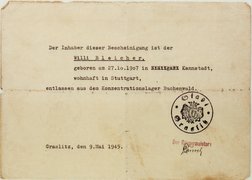 Identitätsbescheinigung für Willi Bleicher, Graslitz, 9. Mai 1945