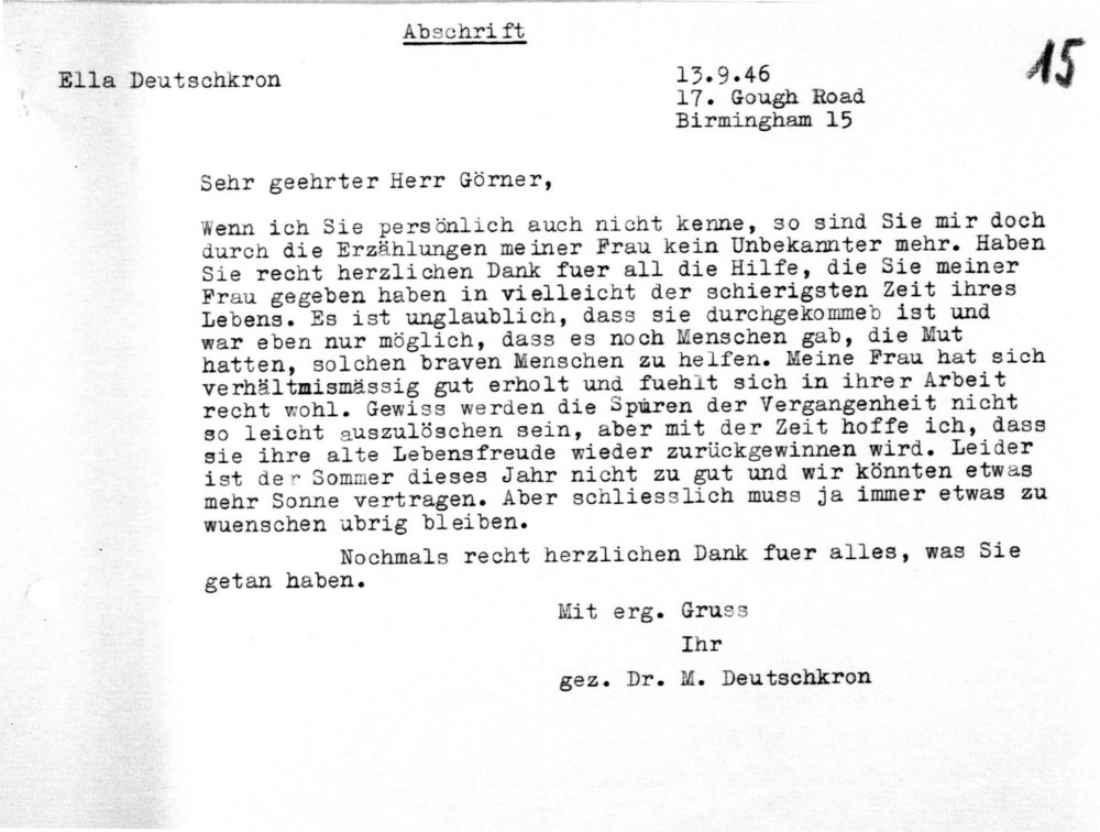 Fotografie: Dankesbrief von Martin Deutschkron an Theodor Görner, Birmingham, 13. September 1946