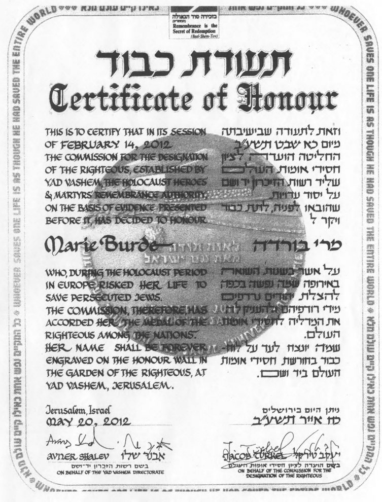 Photo: Righteous Among the Nations certificate for Marie Burde, issued by the Israeli Holocaust memorial center Yad Vashem, 2012.