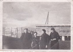 The Aufrychter family in Rivesaltes internment camp, 1941. Left to right: the Aufrychters’ friends the Lewkoviczs from Charleroi, Charles, Sigmund, and Perla Aufrychter.