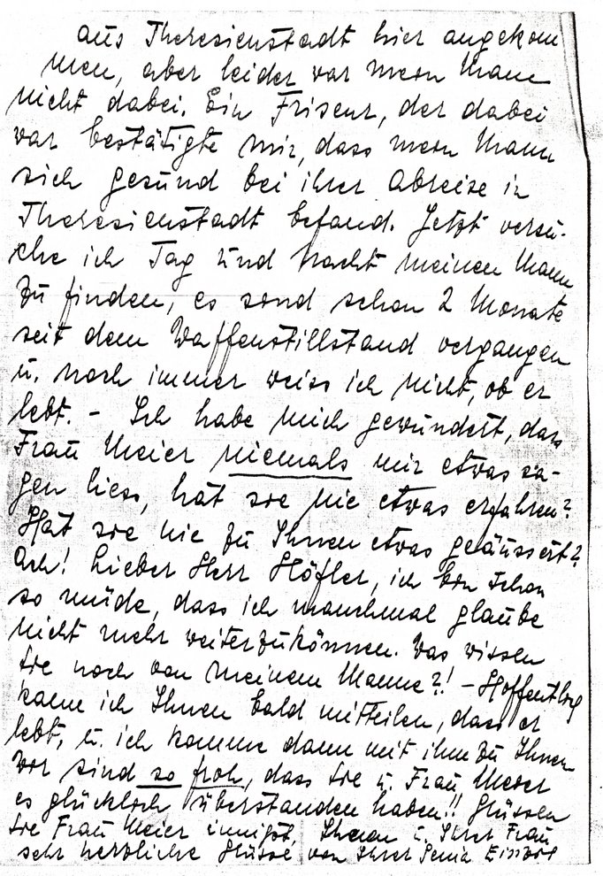 Fotografie: Brief von Genia Einzig an ihren Fluchthelfer Josef Höfler, Juli 1945