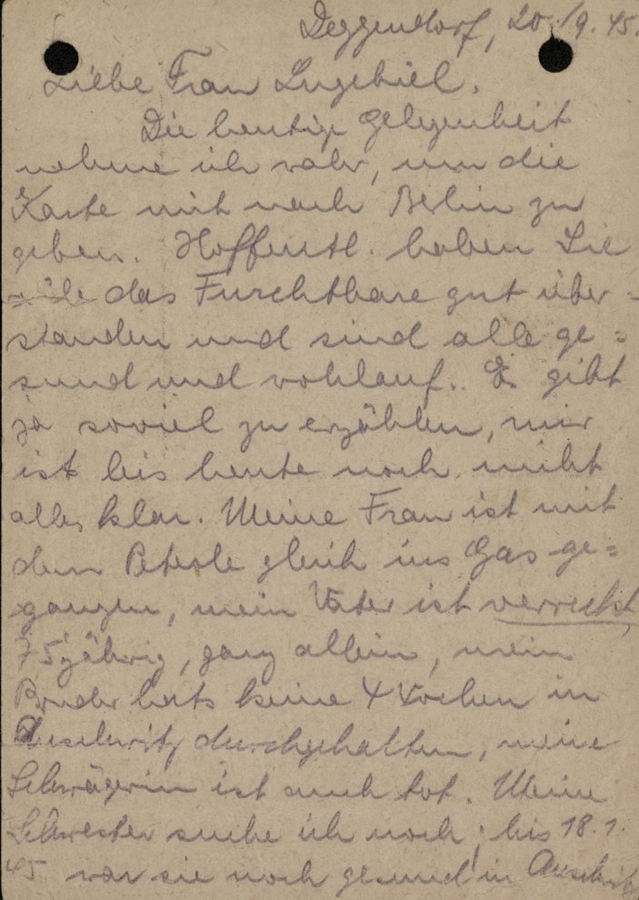 Photo: Postcard from James Rothschild to Erna Lugebiel, who had hidden him in her home for a short time, Deggendorf, September 20, 1945.