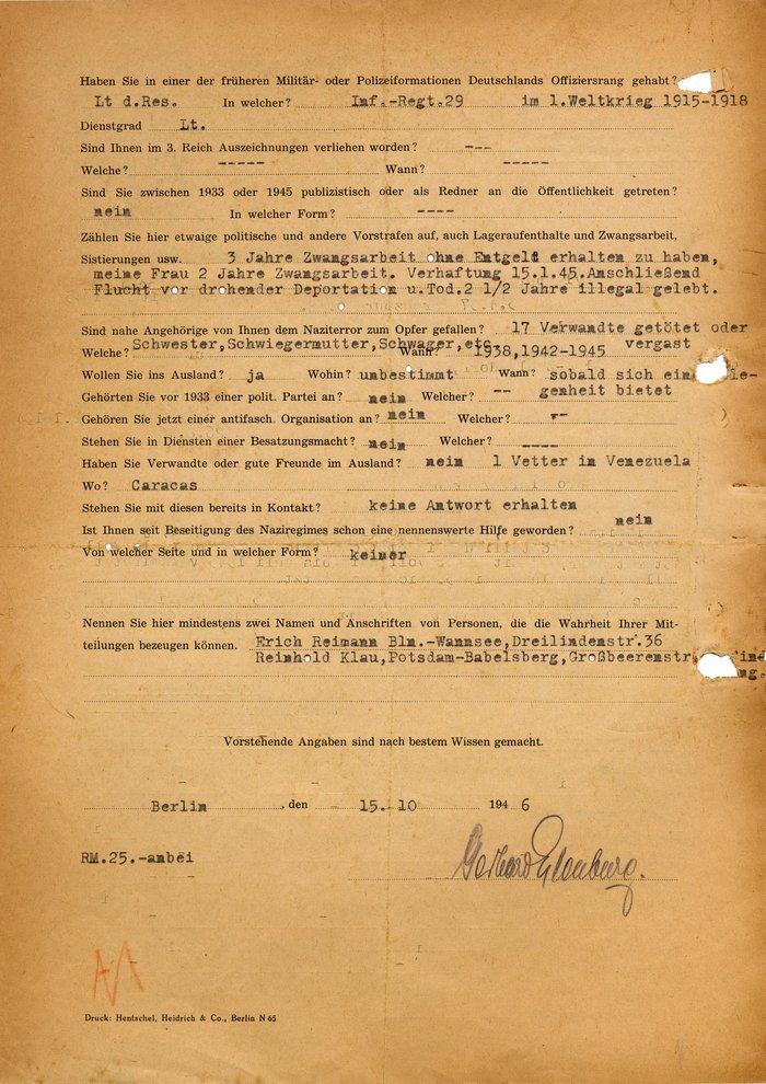 Fotografie: Personalangaben zum Aufnahmegesuch in den Verband der Opfer der Nürnberger Gesetze, 15. Oktober 1946