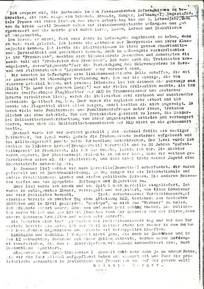 Fotografie: Bericht von Melanie Berger über ihre Flucht aus dem Gefängnis, veröffentlicht in der Untergrundzeitung Spartakus im Februar 1944