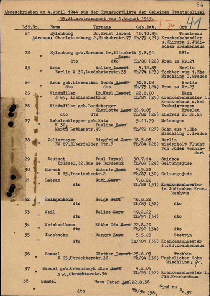 Fotografie: Abschrift aus der 95. Transportliste nach Theresienstadt vom 4. August 1943 mit den Namen von Günther, Else und Hans-Peter Samuel sowie Fancia Grün und Werner Scharff, Berlin, 4. April 1944