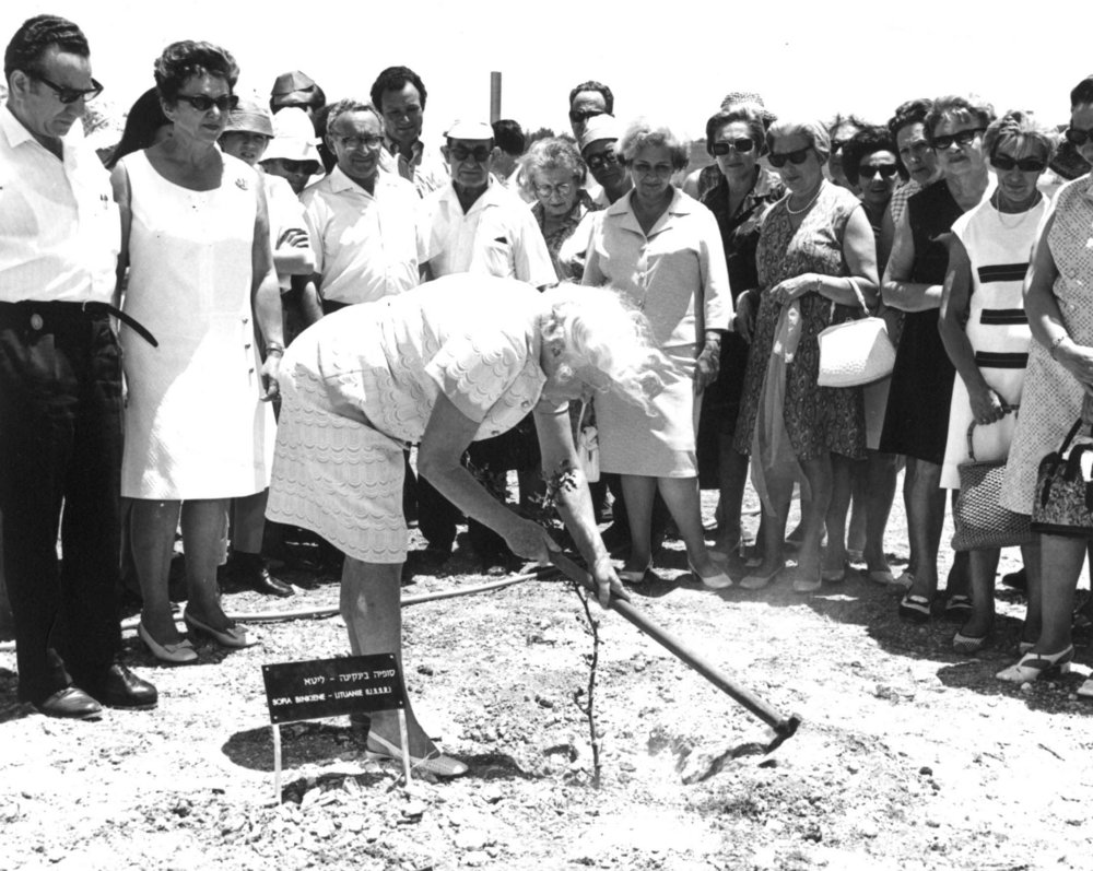 Fotografie: Sofija Binkienė pflanzt während der Ehrungszeremonie in der Gedenkstätte Yad Vashem einen Baum im „Garten der Gerechten“, Jerusalem 1967
