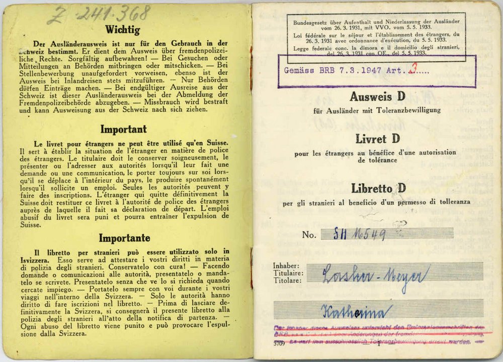 Fotografie: Schweizer Ausländerausweis mit sogenannter Toleranzbewilligung für Käte Lasker, 1942