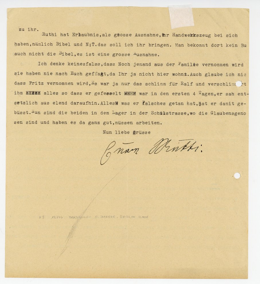 Fotografie: Brief von Agnes Wendland an ihre Tochter Angelika, in dem sie über ihre Haft berichtet, März 1945