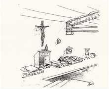 Sketch of the hiding place above the ceiling in the Church of San Gioacchino, drawn by the Italian soldier Luigi De Simoni while hiding there, Rome, 1943/1944.