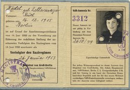 Ruth Wedel’s identity card as an official victim of the Nazi regime, 1953.