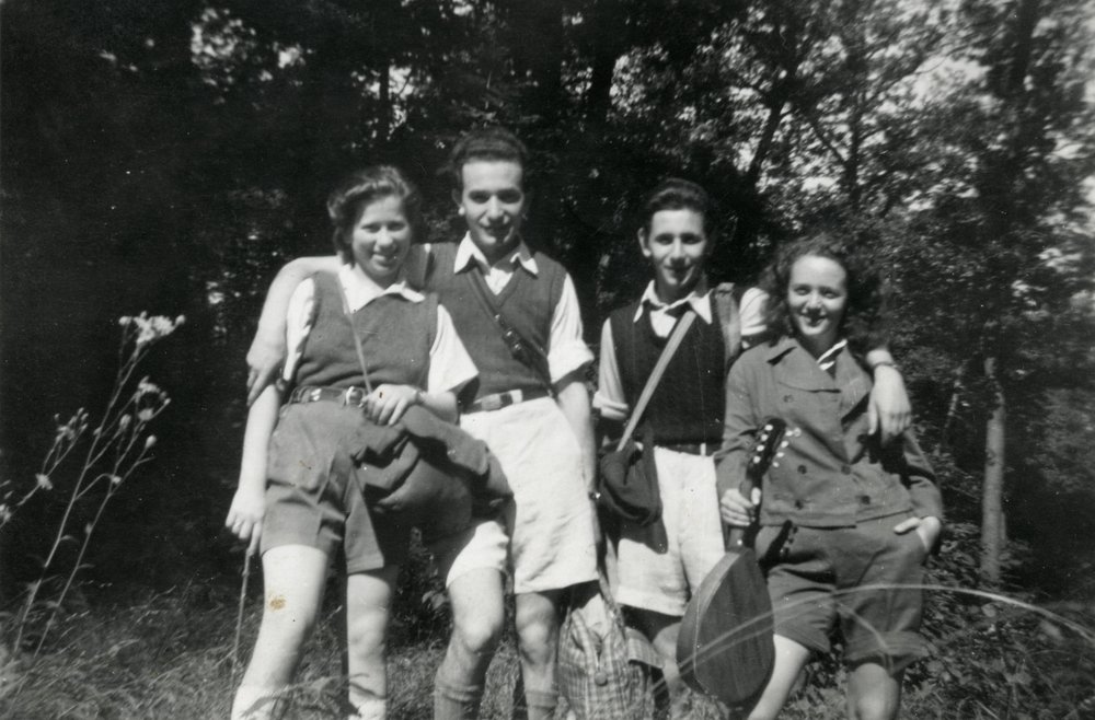 Photo: Members of the Zionist “forgery workshop,” left to right: Franciska Schechter (1920–1966), Ernő Teichman (1922–?), Endre Grósz, and a friend (name unknown), Budapest, 1944.