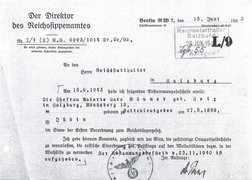 Bescheid des Reichssippenamtes, mit dem Valerie Bäumer als „Jüdin“ eingestuft wird, 15. Juni 1943