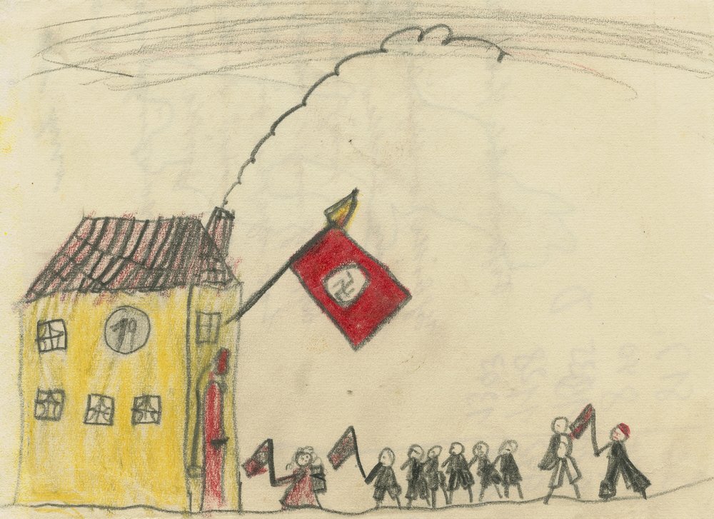 Fotografie: Zeichnung von Angelica Bäumer, auf der ihre Schule in Salzburg zu sehen ist, 1938