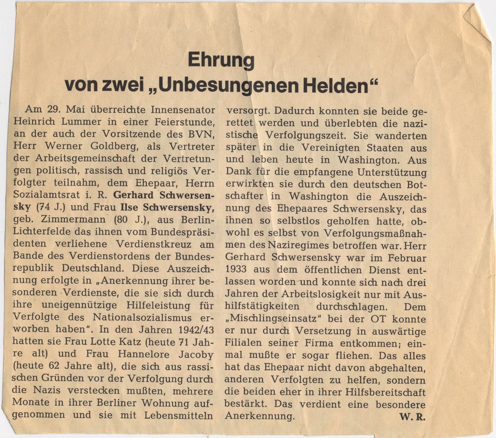 Photo: Article in “Die Mahnung” magazine about the Schwersenskys’ receipt of the Federal Cross of Merit, Berlin, 1984.