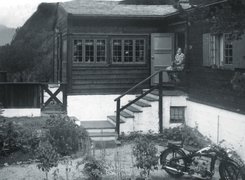 Agnes Normann outside the house in Laksevåg, undated.