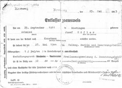 Haftentlassungsschein des Landgerichtsgefängisses Konstanz für Josef Höfler, 25. Mai 1945