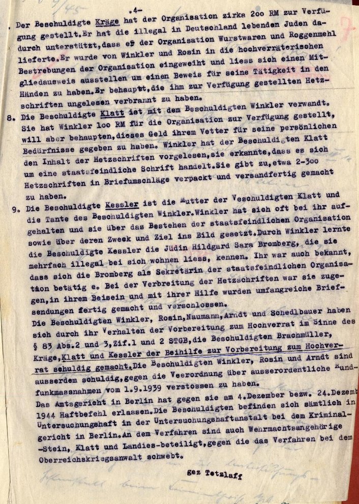 Fotografie: Fünfseitiger Ermittlungsbericht des Oberstaatsanwalts beim Landgericht Potsdam für den Oberreichsanwalt beim Volksgerichtshof zum Verfahren gegen Angehörige der Gemeinschaft für Frieden und Aufbau, Potsdam, 4. Januar 1945