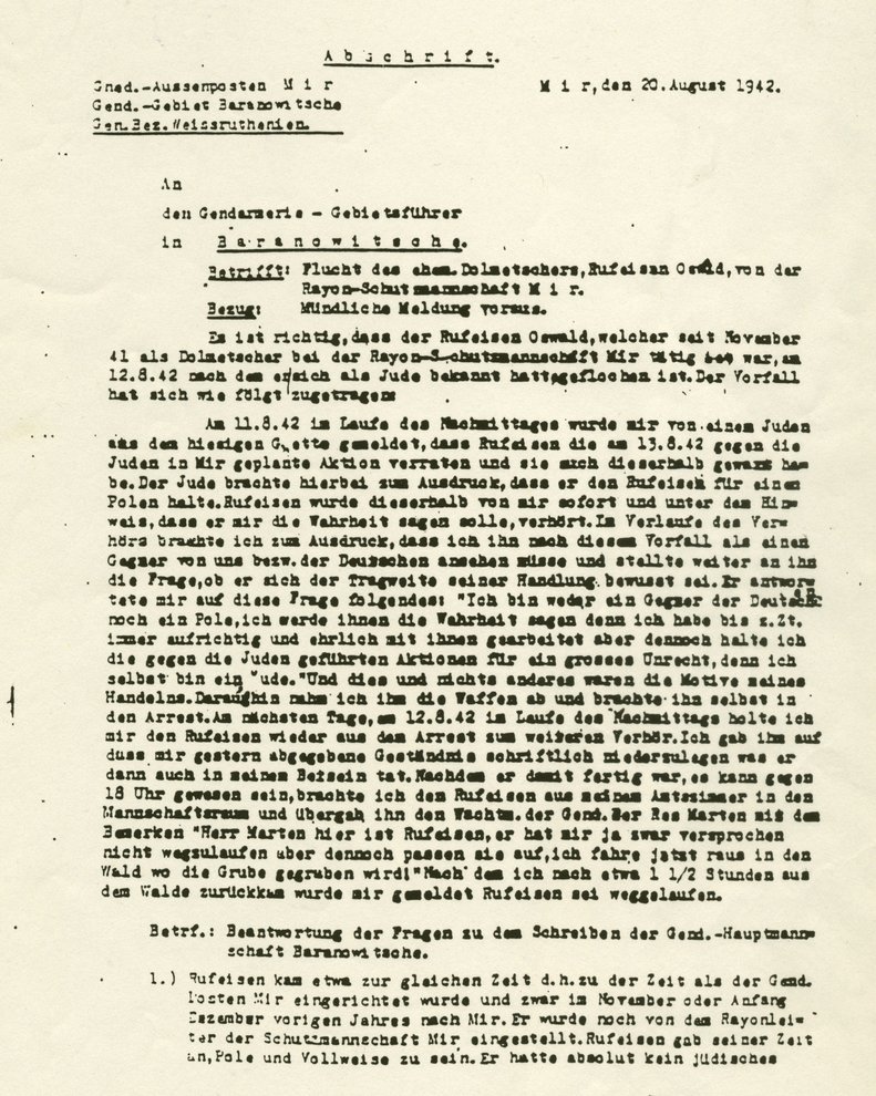 Fotografie: Schreiben an den Gendarmerie-Gebietsführer in Baranowicze (Baranawitschy) über die Flucht von Oswald Rufeisen, Mir 1942