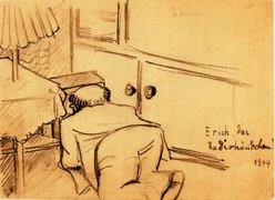 Zeichnung von Erich Bloch beim illegalen Hören der BBC Nachrichten („Erich, das Radiohündchen! 1944“)