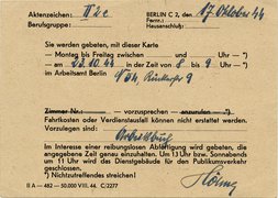 Vorladung von Herbert Michalski zum Arbeitsamt, Berlin, 17. Oktober 1944