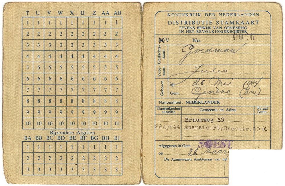 Fotografie: Von Alice Cohn für den Eigengebrauch gefälschte Bezugskarte für Lebensmittelmarken, ausgestellt auf ihren Tarnnamen Jules Goedman, Amersfoort 1944