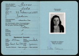 Fotografie: Schweizer Flüchtlingsausweis von Sonja (Sala) Borus, ausgestellt am 15. Januar 1944