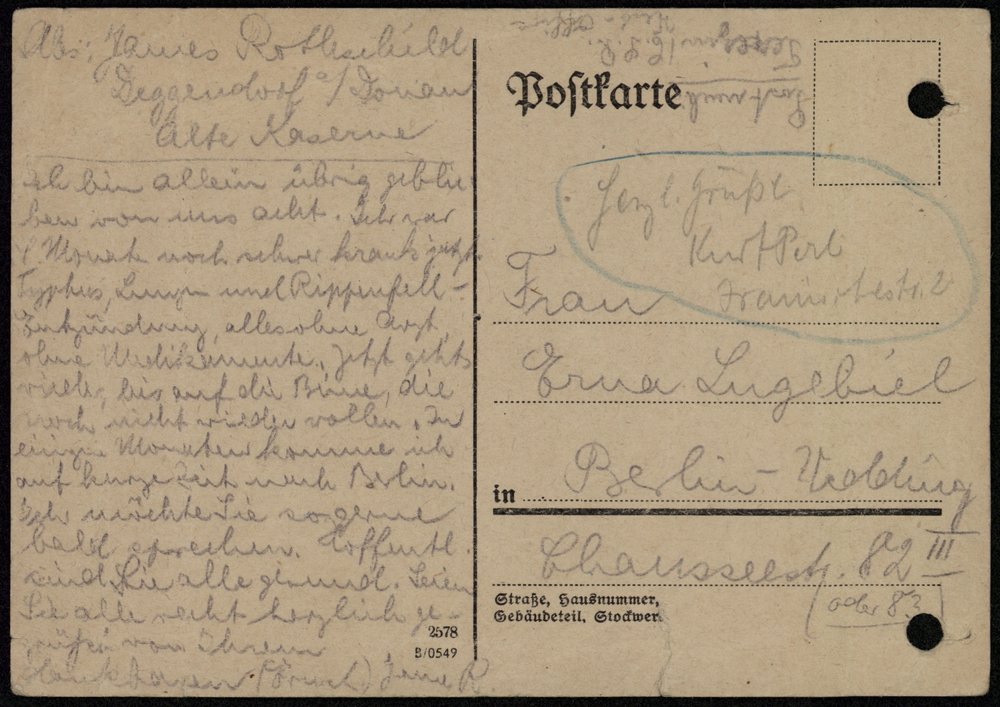Photo: Postcard from James Rothschild to Erna Lugebiel, who had hidden him in her home for a short time, Deggendorf, September 20, 1945.