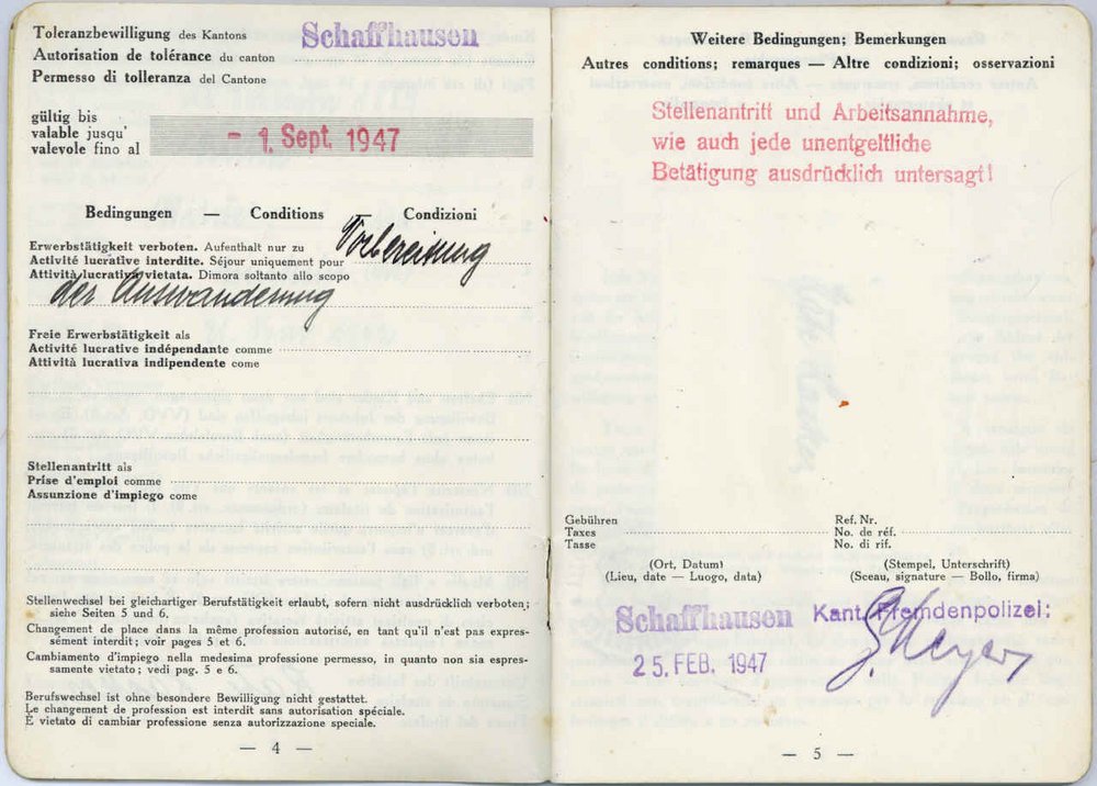 Fotografie: Schweizer Ausländerausweis mit sogenannter Toleranzbewilligung für Käte Lasker, 1942