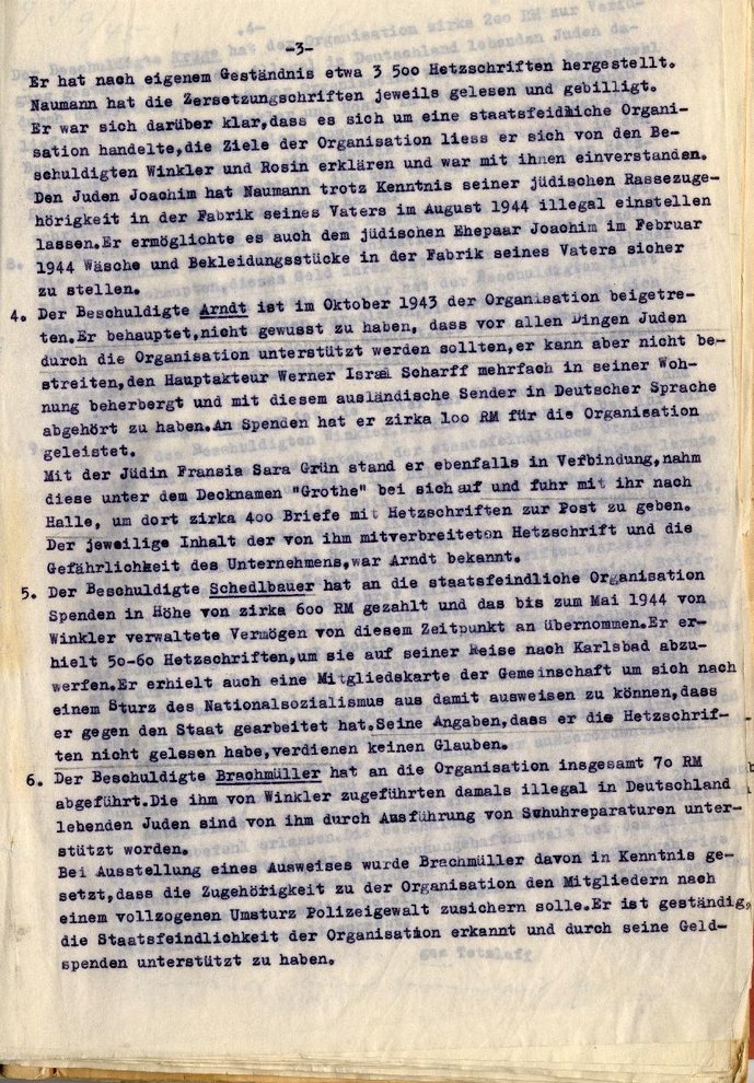 Fotografie: Fünfseitiger Ermittlungsbericht des Oberstaatsanwalts beim Landgericht Potsdam für den Oberreichsanwalt beim Volksgerichtshof zum Verfahren gegen Angehörige der Gemeinschaft für Frieden und Aufbau, Potsdam, 4. Januar 1945