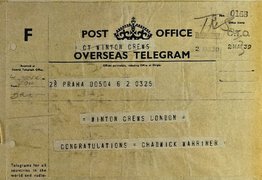 Congratulatory telegram from Doreen Warriner and Trevor Chadwick of the British Committee for Refugees in Prague to Nicholas Winton on the successful preparation of the first transport, March 2, 1939.