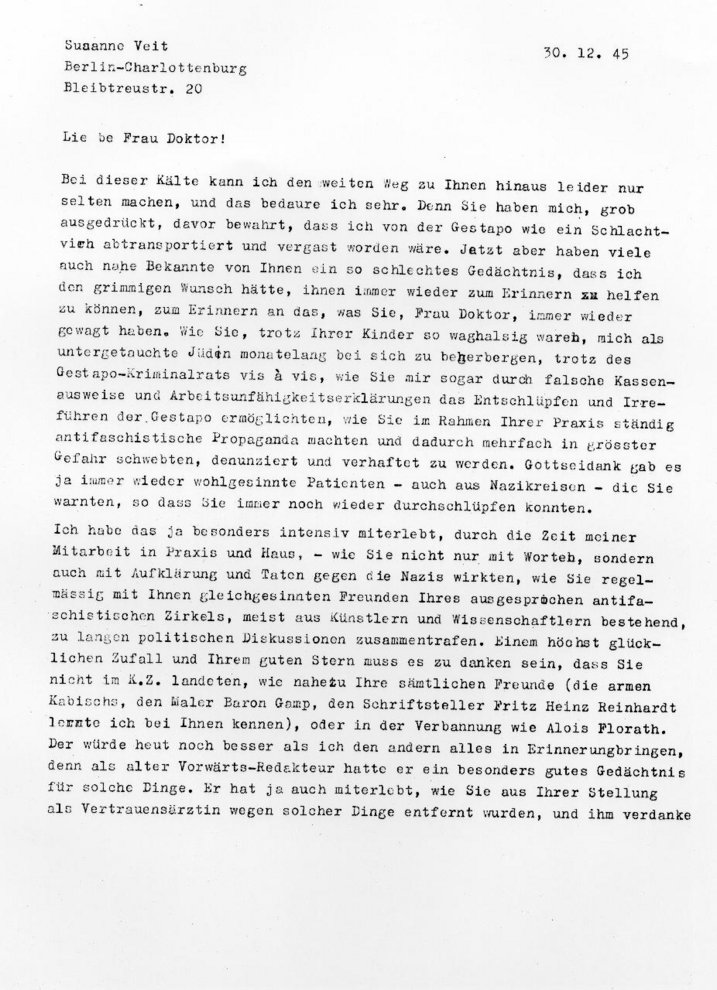 Fotografie: Brief von Susanne Veit geborene Meyer an ihre Helferin Dr. Mathilde Stoltenhoff, 1945