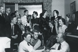 Members of the Carl Fredriksen Transport network after their escape to Sweden, including Gerd Pettersen (2nd row, 2nd from right) and her husband Alf (front row, center), Stockholm, 1943.