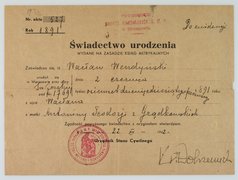 Forged birth certificate of Leon Feiner, issued under the name of Wacław Wendyński, Warsaw, 1942.