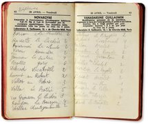 Pages from Madeleine Dreyfus’s notebook listing names and locations of farmers and the number of children they were willing to take in, 1942.