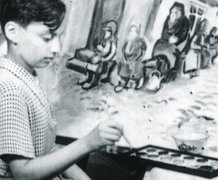 Fotografie: Samuel Bak malt seine Erinnerungen an das Ghetto von Wilna, im DP-Lager in Landsberg am Lech 1947
