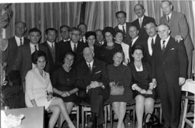 Eberhard Helmrich (front, center) at his Yad Vashem ceremony. 2nd row, 5th from right: Anita Brunnengraber, front right: Melania Reifler, with other people from Drohobycz rescued by Helmrich, 1968.
