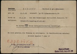 Photo: Release certificate from Schulstraße assembly camp for Gertrud Scharff, Berlin, April 22, 1945.