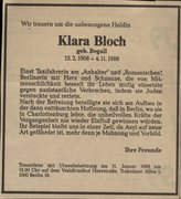 Todesanzeige für Klara Bloch, 1989