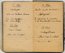 Pages from Walter Frankenstein’s notebook documenting his theater and opera visits, Berlin, April to October 1944.