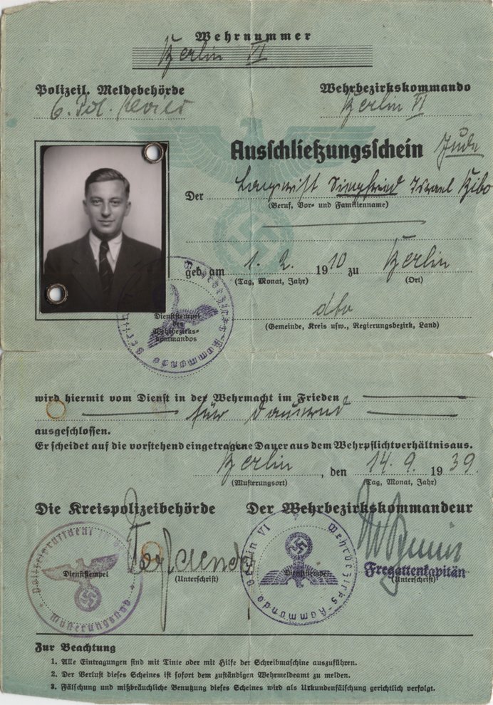 Fotografie: Wehrmachtsausschließungsschein von Siegfried Bibo, 1939