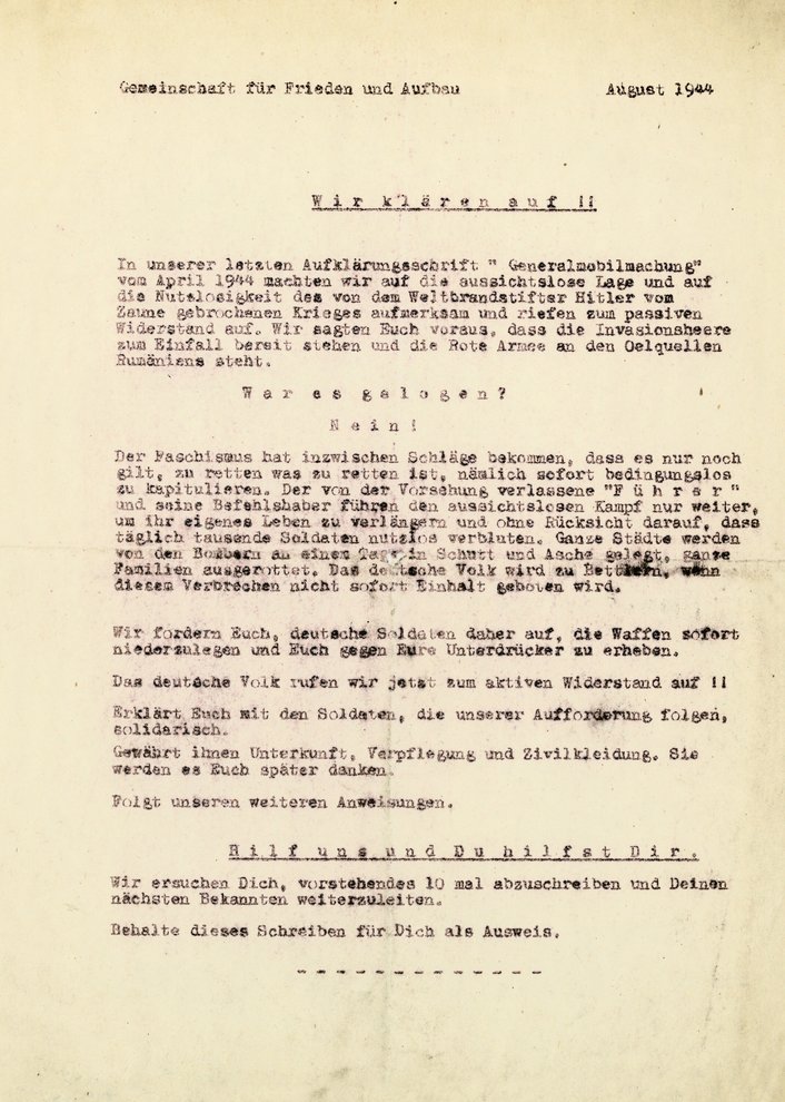 Fotografie: Flugblatt „Wir klären auf!“ der Widerstandsgruppe Gemeinschaft für Frieden und Aufbau, Luckenwalde, August 1944