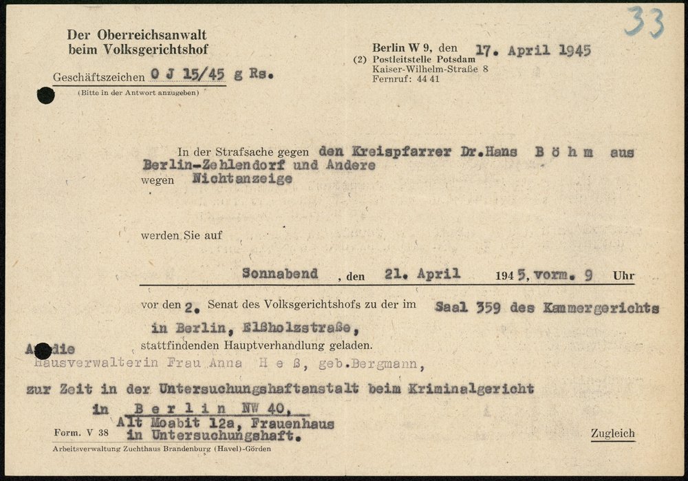 Fotografie: Ladung von Anna Hess zur Hauptverhandlung des „Volksgerichtshof“-Prozesses in Potsdam, 17. April 1945