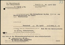 Ladung von Anna Hess zur Hauptverhandlung des „Volksgerichtshof“-Prozesses in Potsdam, 17. April 1945