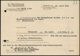 Fotografie: Ladung von Anna Hess zur Hauptverhandlung des „Volksgerichtshof“-Prozesses in Potsdam, 17. April 1945
