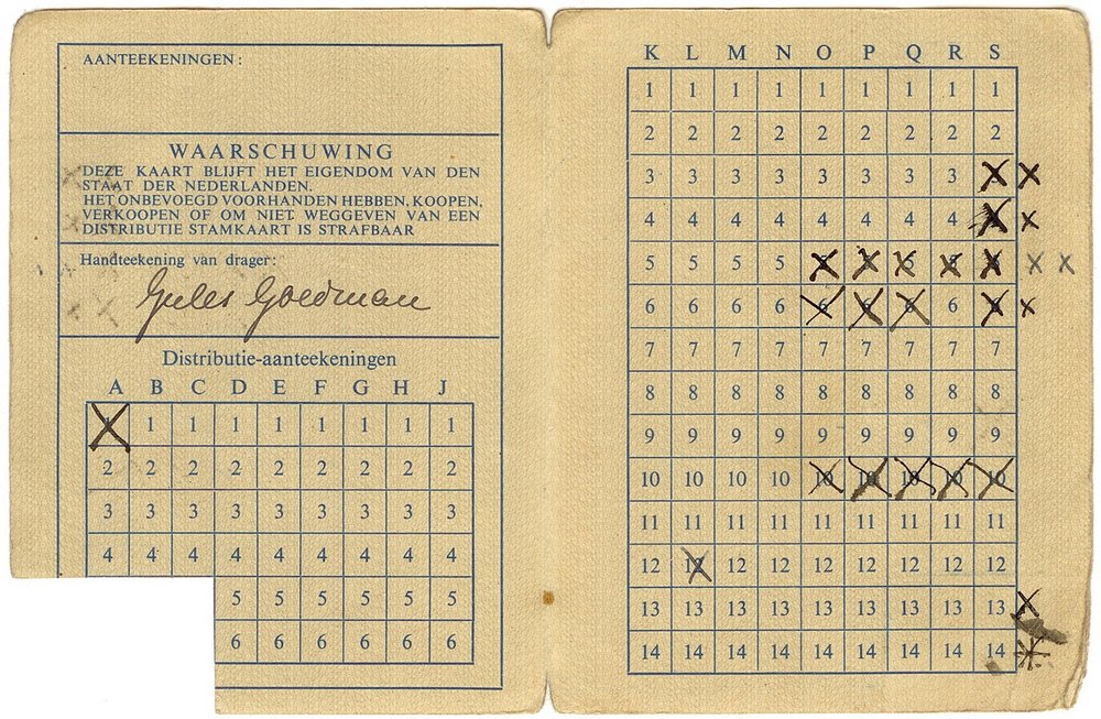 Fotografie: Von Alice Cohn für den Eigengebrauch gefälschte Bezugskarte für Lebensmittelmarken, ausgestellt auf ihren Tarnnamen Jules Goedman, Amersfoort 1944