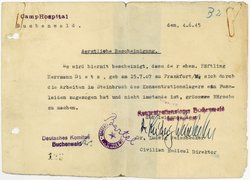 Medical certificate issued to Hermann Dietz, Camp Hospital Buchenwald, June 1945.