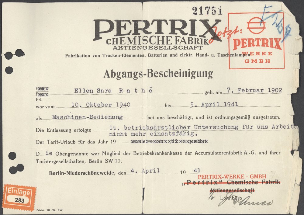 Fotografie: Abgangsbescheinigung der Firma Pertrix, 1941