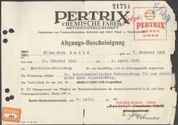 Abgangsbescheinigung der Firma Pertrix, 1941