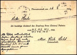 Postkarte von Alice Licht an Hedwig Porschütz, in der sie den Empfang von sechs Päckchen bestätigt, Theresienstadt, 26. März 1944